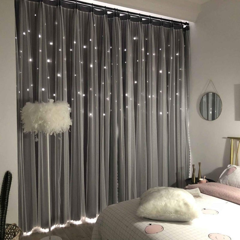 UNISTAR 2 Panels Stars Blackout Curtains for Bedroom Girls Kids Baby Window Curtain Double Layer Star Cut Out Aesthetic Living Room Decor Wall Home Decorations Curtain,W52 x L84 Inches,Grey - Image 1